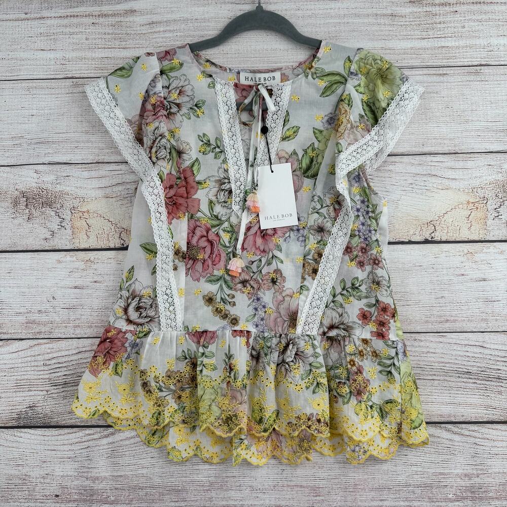 Hale Bob Los Angeles Floral Crochet Trim Keyhole Blouse Womens XS White Pink NEW